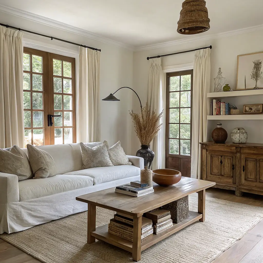 Photorealistic wide view of a warm white living room with oak floors, linen sofa and curtains, live-edge oak table and oak shelving with ceramics, repeating wood and clay accents under soft midday skylight.