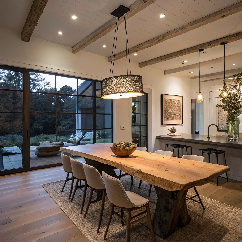 Photorealistic dusk dining room with a solid oak live-edge table, mismatched ash and walnut stools, stoneware centerpiece, and low aged bronze pendant over reclaimed oak floors.