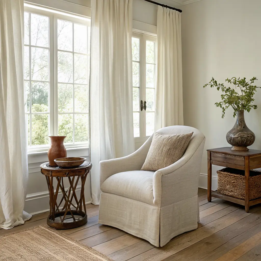 Minimal, calm living nook with warm limewashed walls, oak floors, oatmeal linen chair, walnut side table with a clay vase and brass dish, charcoal floor cushion, and dried branches in soft daylight.
