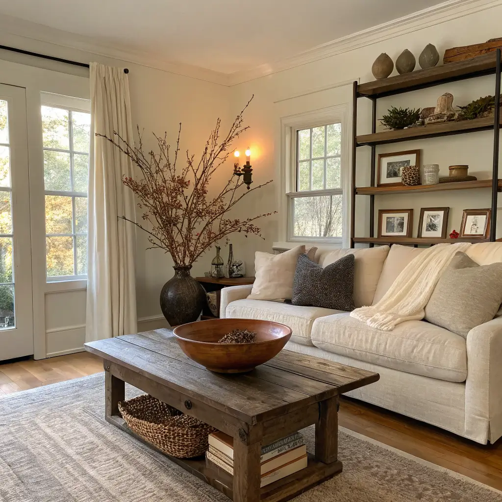 Autumn-styled living room with off-white walls, oak floors, linen sofa with charcoal throw, walnut coffee table with clay vase of dried branches, amber 5pm light.