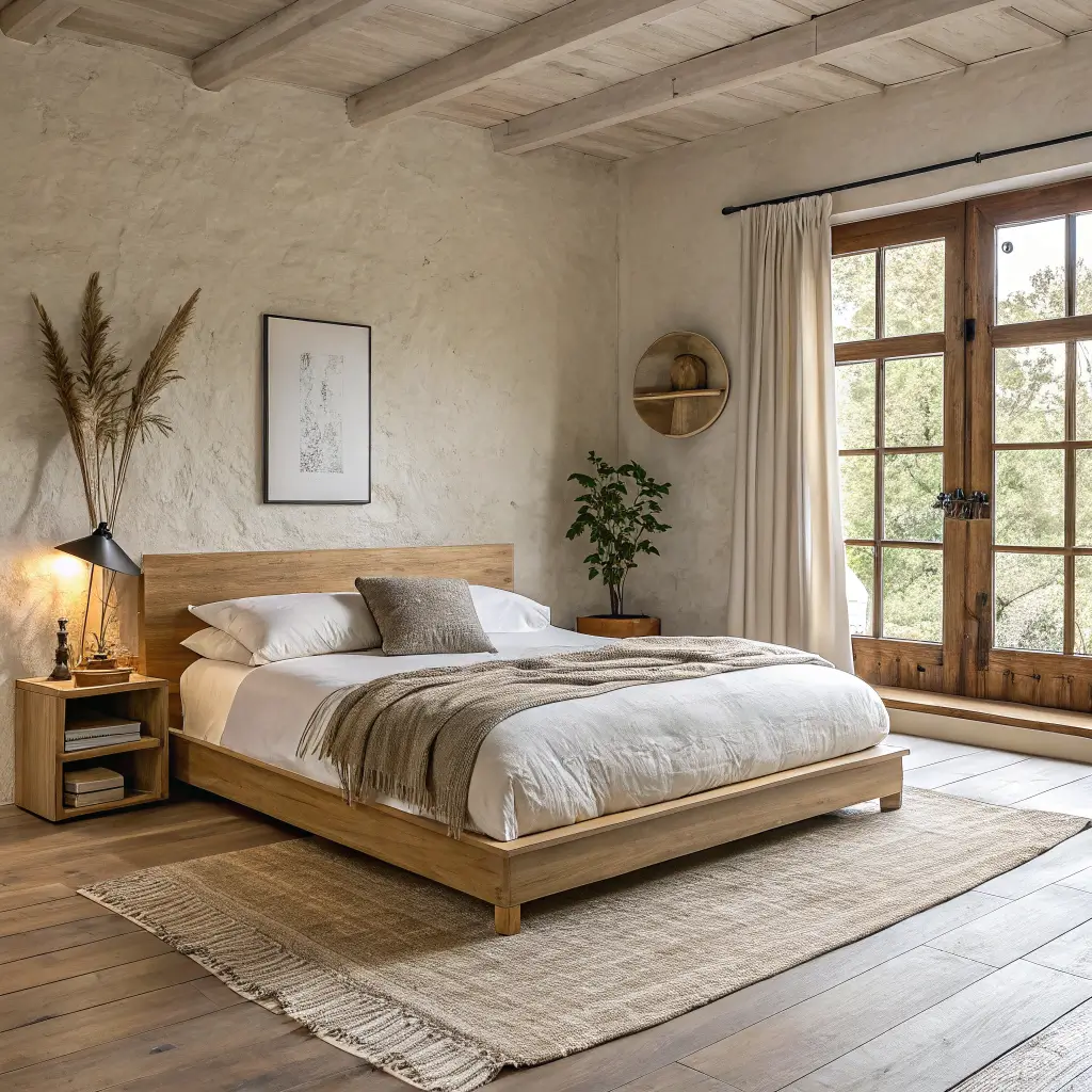 Photorealistic Japandi wabi-sabi bedroom with oak platform bed, rumpled flax linen bedding, textured plaster walls, reclaimed teak nightstand with patina brass lamp, sheer curtains, wool rug, and ceramic vases in soft morning light.