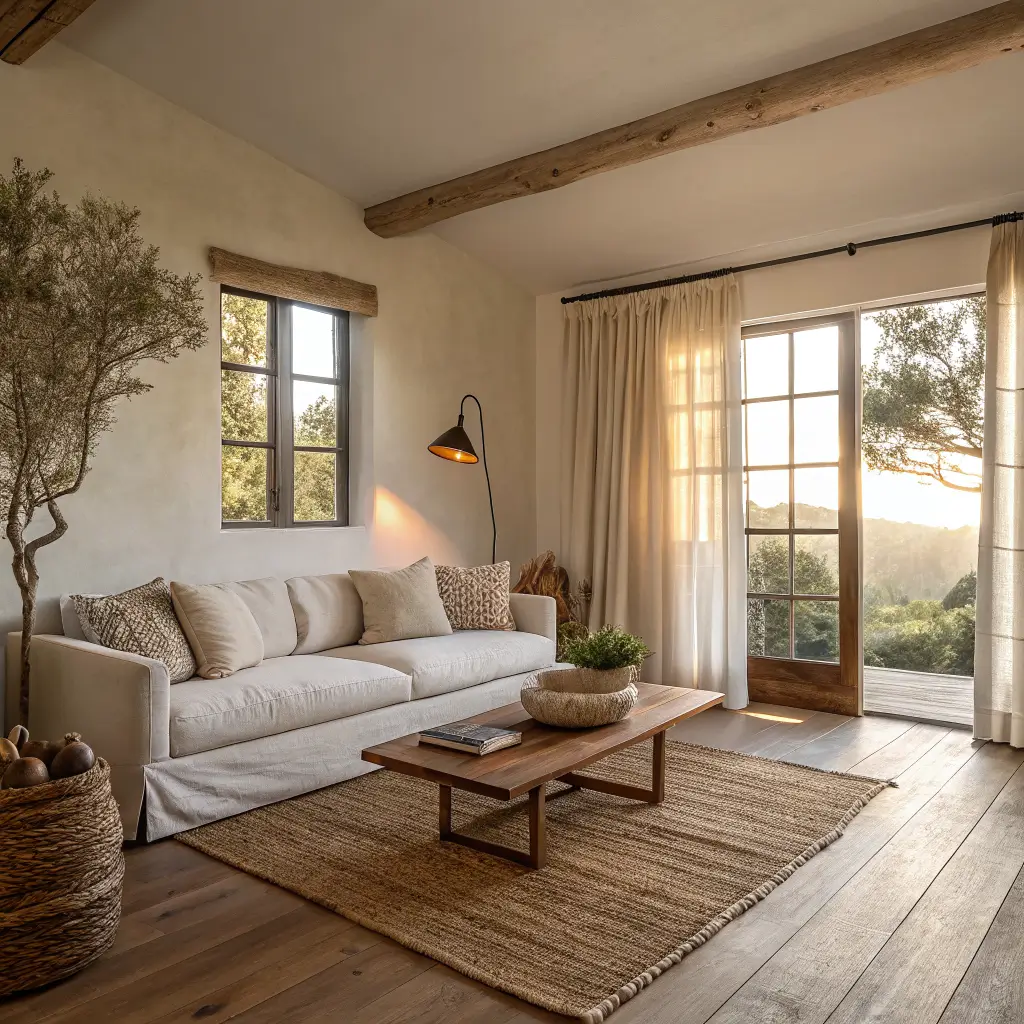Photorealistic wabi-sabi living room with linen sofa, live-edge walnut coffee table, jute rug, limewash wall, and soft golden light through floor-to-ceiling linen curtains.