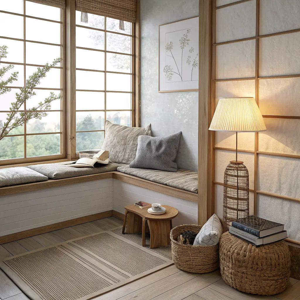 Japandi-inspired reading corner with low ash bench, linen floor cushion, ceramic lamp and books, seagrass basket with wool throw, and washi screens casting soft overcast light on white oak floors.