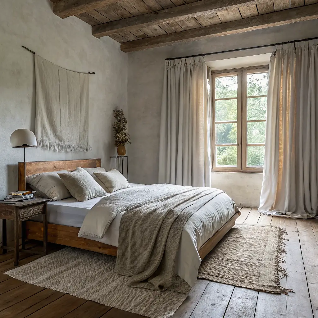 Wabi-sabi bedroom at dawn with blue-gray light through flax curtains, walnut platform bed with rumpled linen bedding, single ceramic lamp on oak nightstand, wool throw, wide-plank oak floor, and cream rug.