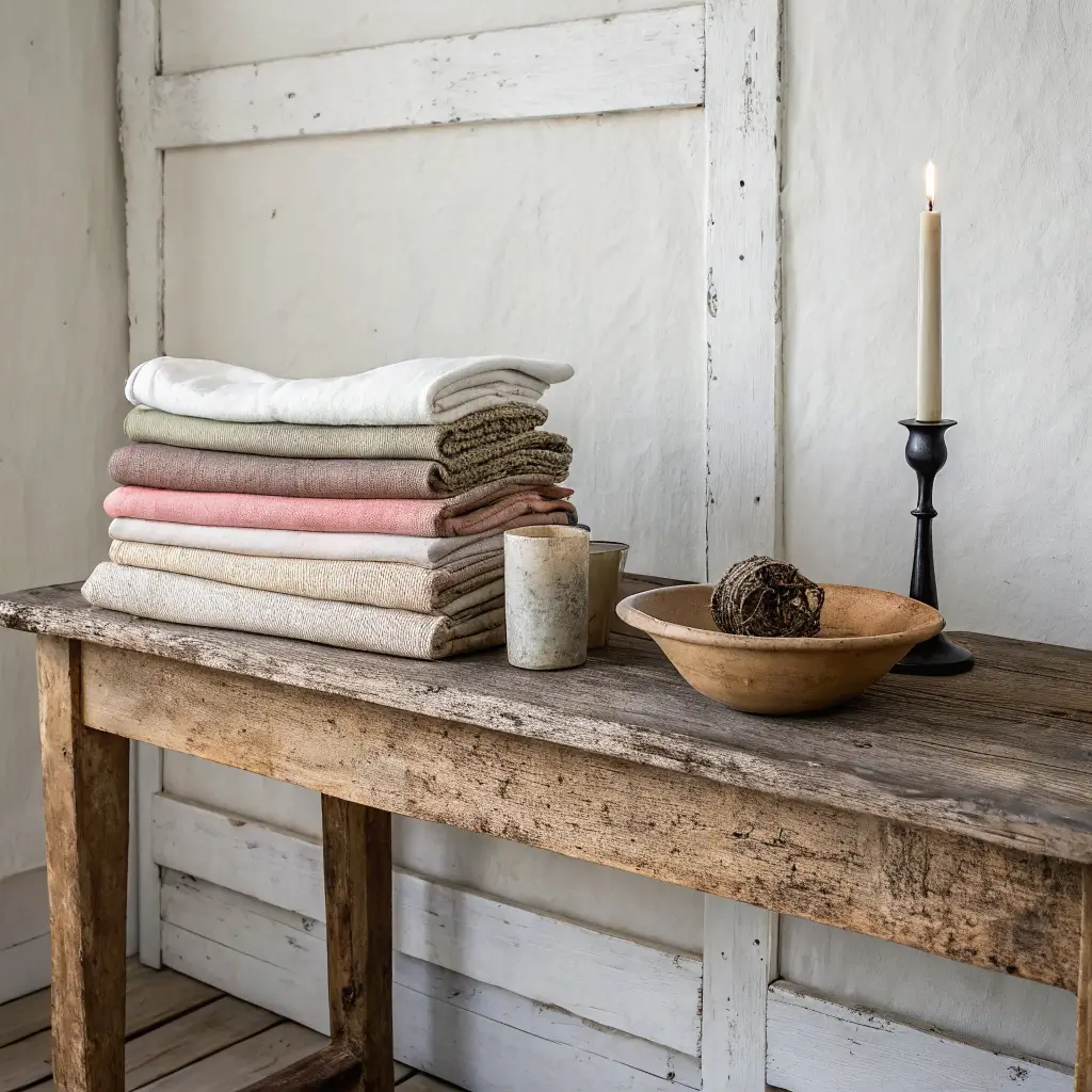 Muted wabi-sabi moodboard on a weathered oak console: stacked linen swatches in warm neutrals with olive and dusty pink, a crackled greige stoneware bowl, and an ink-black iron candlestick against a cloudy off-white limewash wall in soft diffused daylight.