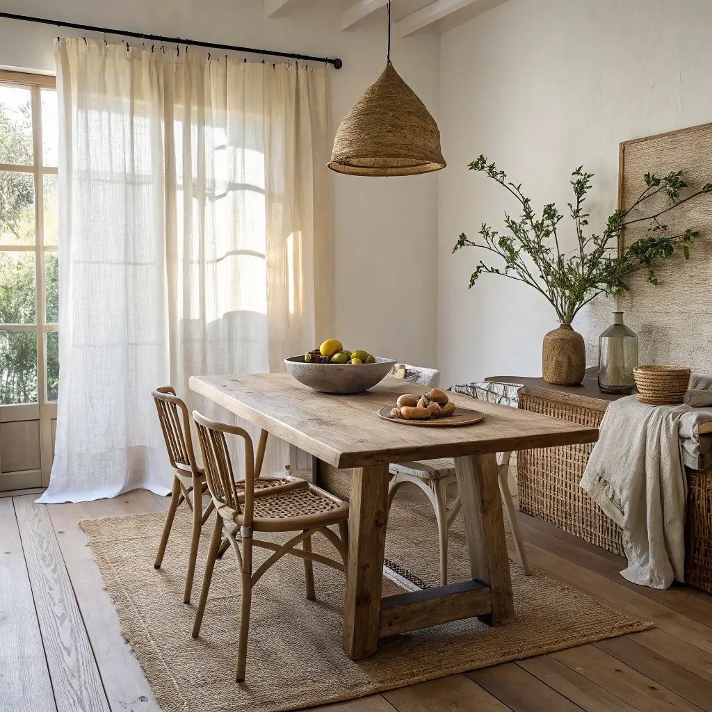 Photorealistic wabi-sabi dining nook with ash table, mismatched chairs, kintsugi bowl with pears, warm diffused morning light, seagrass pendant, limewashed wall, oak floors, and faded clay rug.