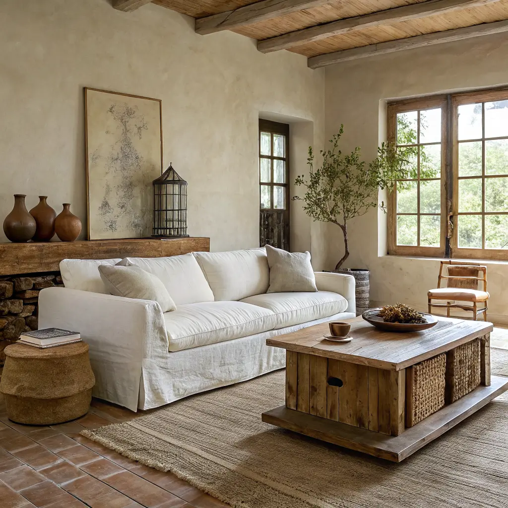 Photorealistic wabi-sabi living room with flax linen sofa, live-edge oak coffee table, ash sideboard with ceramic vessel, slatted bench with clay wool throw, and cream wool rug in soft overcast daylight.