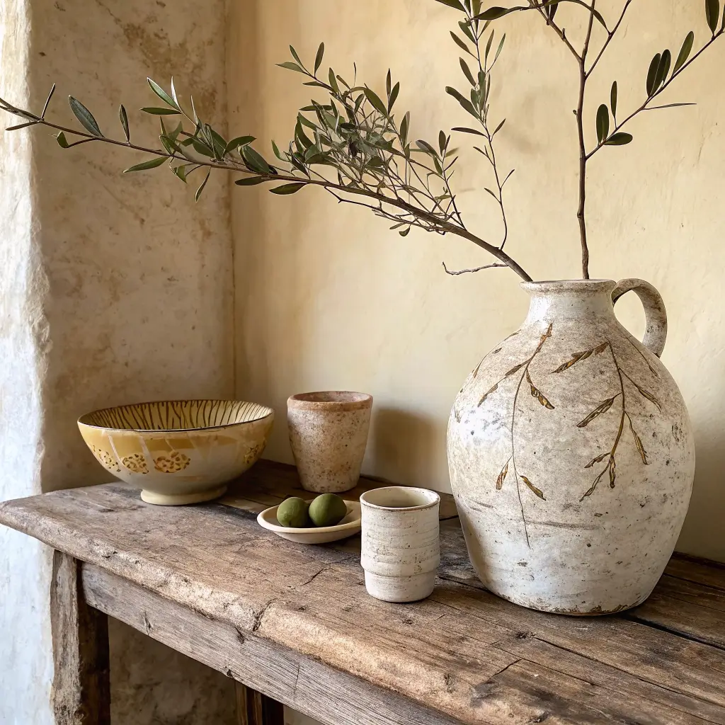 Wabi-sabi still life on a weathered oak shelf: kintsugi tea bowl, crackled mushroom-toned jar, wonky cup, olive branches in a heavy ceramic vessel, and a small iron incense holder against a warm limewash wall in soft midday light.