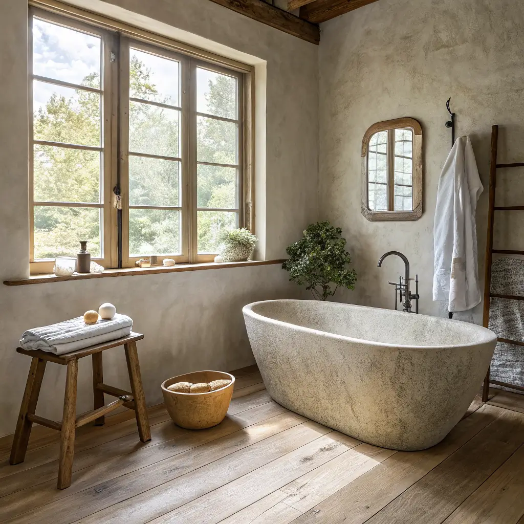 Wabi-sabi bathroom with a greige stone soaking tub, aged brass fixtures, limewashed walls, oak floors, and soft morning light through a frosted window.