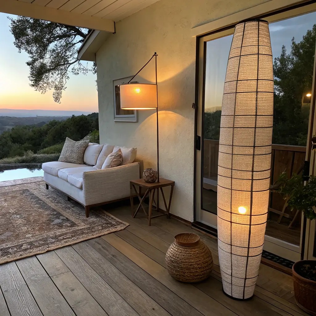 Wabi-sabi living room at dusk with warm 2400K rice paper floor lamp, ceramic table lamp, and aged brass wall sconce lighting an oatmeal linen sofa on oak floors.
