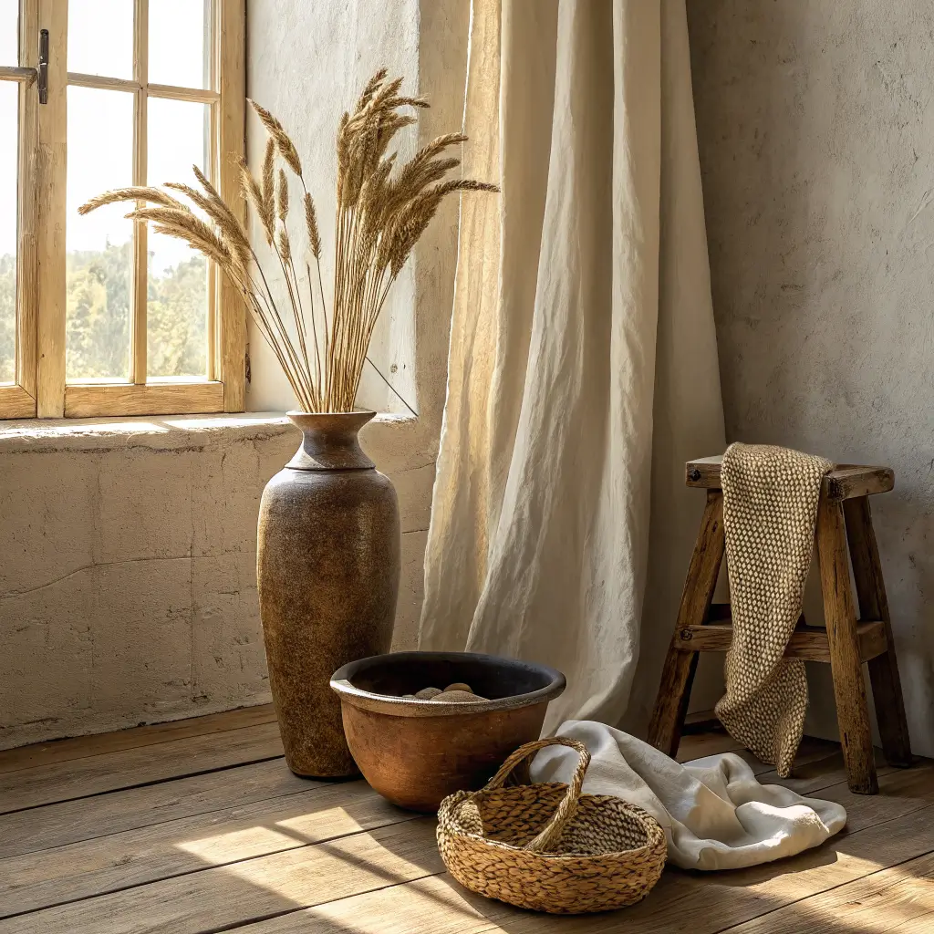 Wabi-sabi autumn vignette on raw oak floor by a linen-curtained window, with a clay ceramic vase of dried wheat, seagrass basket with umber throw, and crackled bowl on a low stool in warm amber light.