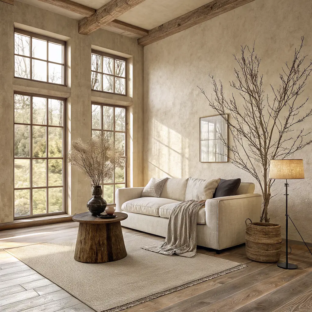 Photorealistic Japandi living room corner with lime-plaster walls, pale oak floor, golden afternoon light, burnt oak side table with ceramic vase and cherry branches beside an ivory bouclé sofa.