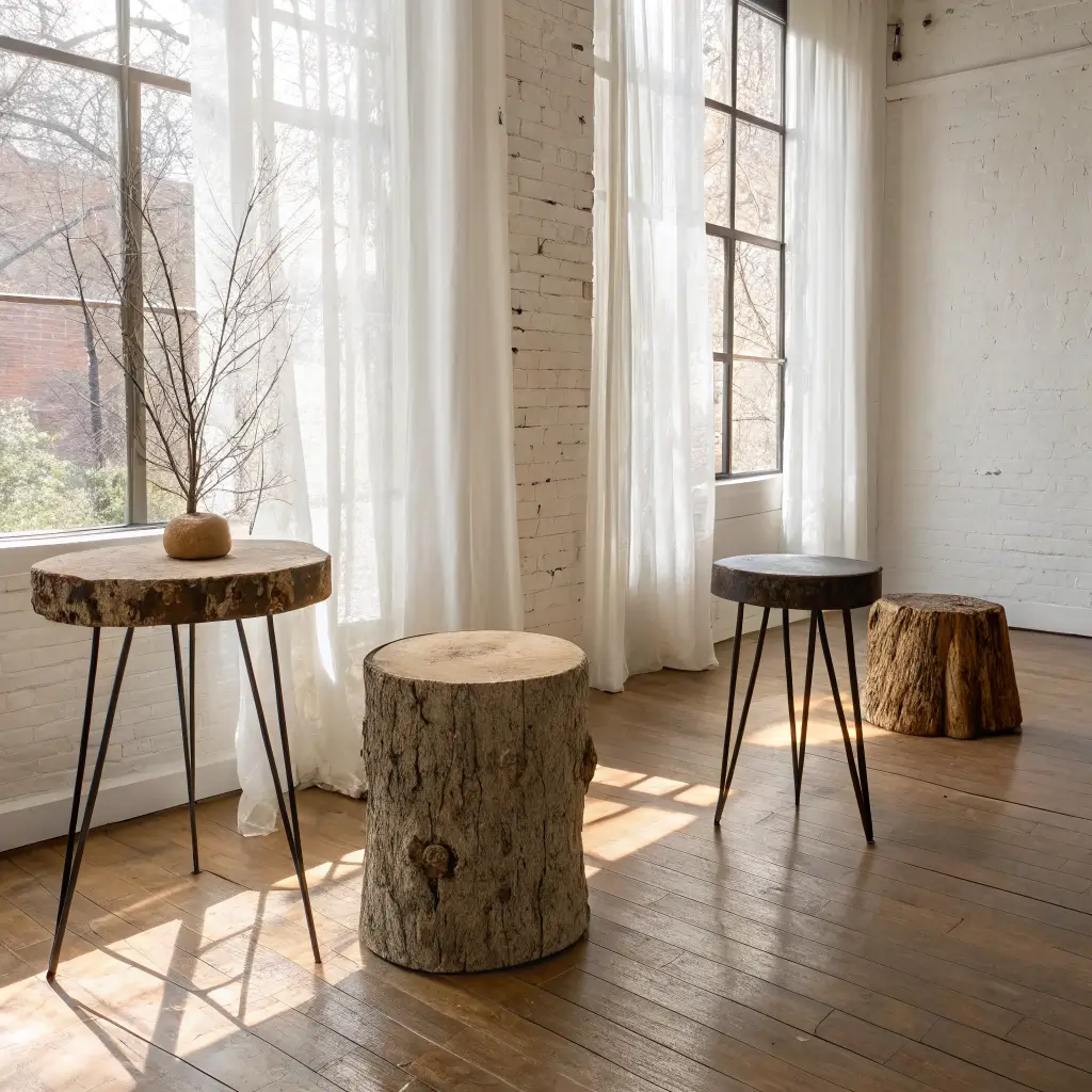 Five wabi-sabi side tables lined up in a sunlit gallery room with warm plaster walls and pale oak floors, showing walnut, oak, charred wood, limestone, and an antique stool in a calm symmetrical view.