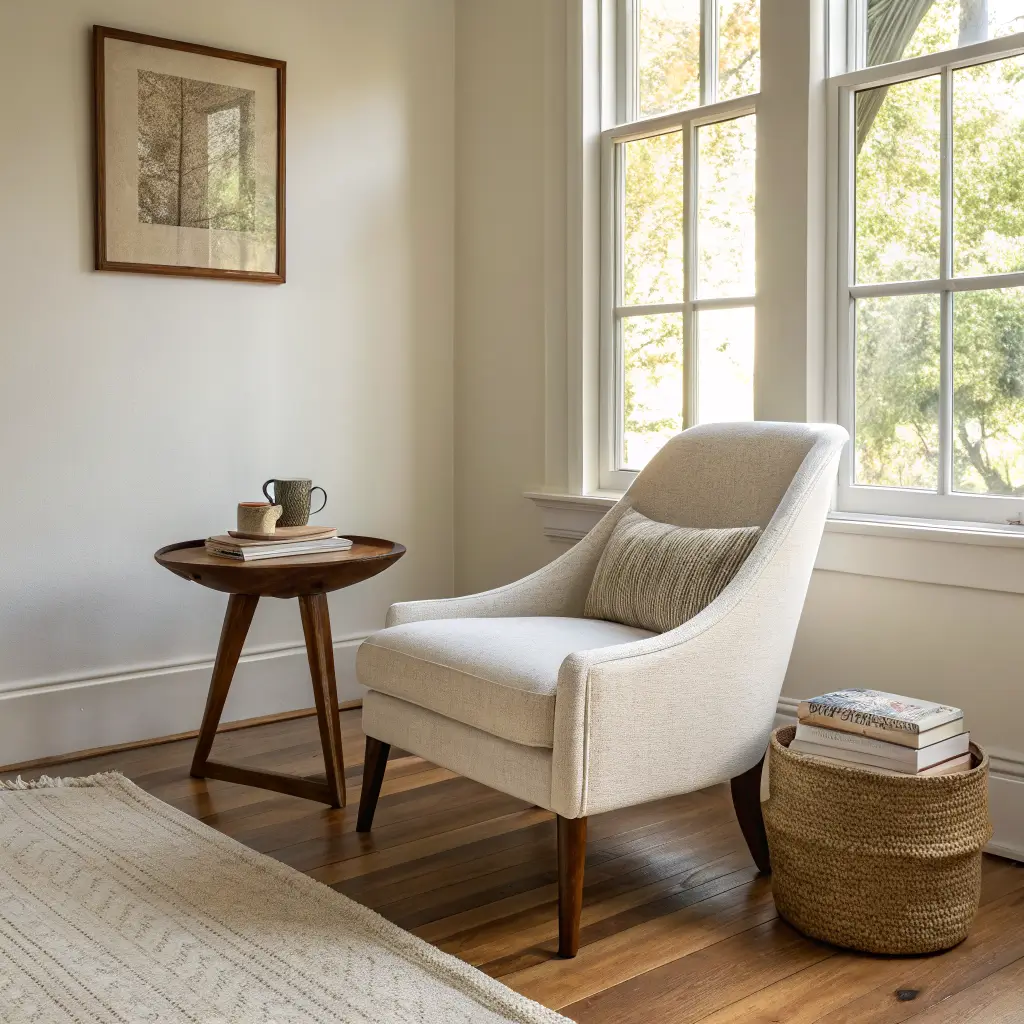 Photorealistic minimalist reading nook with oatmeal linen armchair, walnut live-edge side table holding a ceramic teacup, flax floor cushion, and warm sunlight on white oak floor.