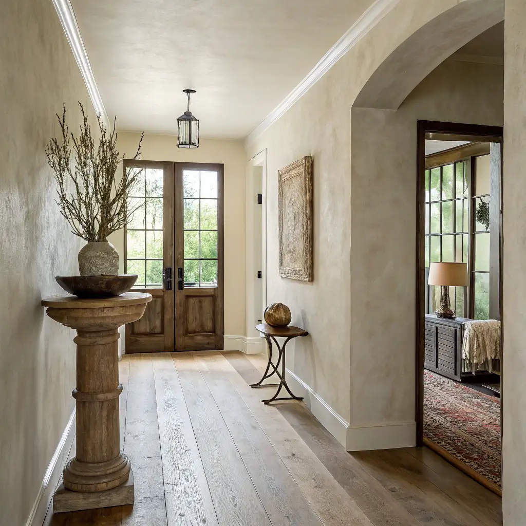 Photorealistic entryway hall with unfinished bone plaster walls and pale oak floors, daylight from a frosted window, a burnt oak pedestal table holding a bronze dish with a brass key and a twig vase, and a linen tote on a peg.