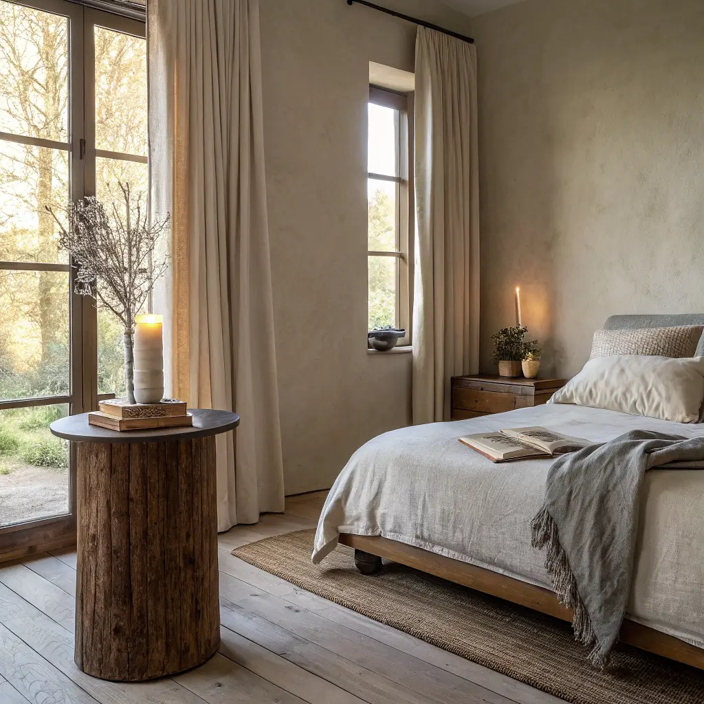 Cozy bedroom corner with a walnut log side table holding a lit beeswax candle and book beside a linen-dressed platform bed in warm evening light.