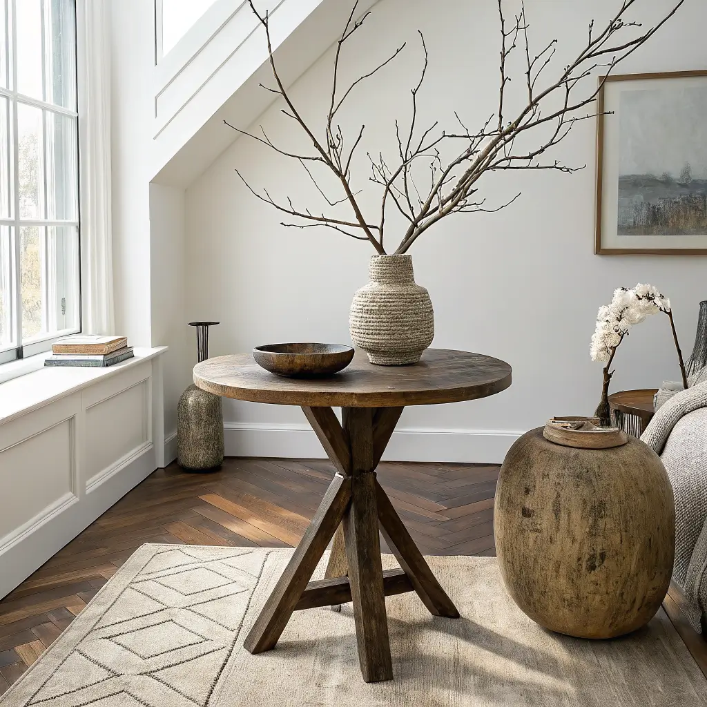 Overhead flat-lay of a round burnt oak side table with a tall ceramic vase holding bare magnolia branches and a brass dish with a river stone, set in a minimalist living room with pale oak floors and warm white walls.
