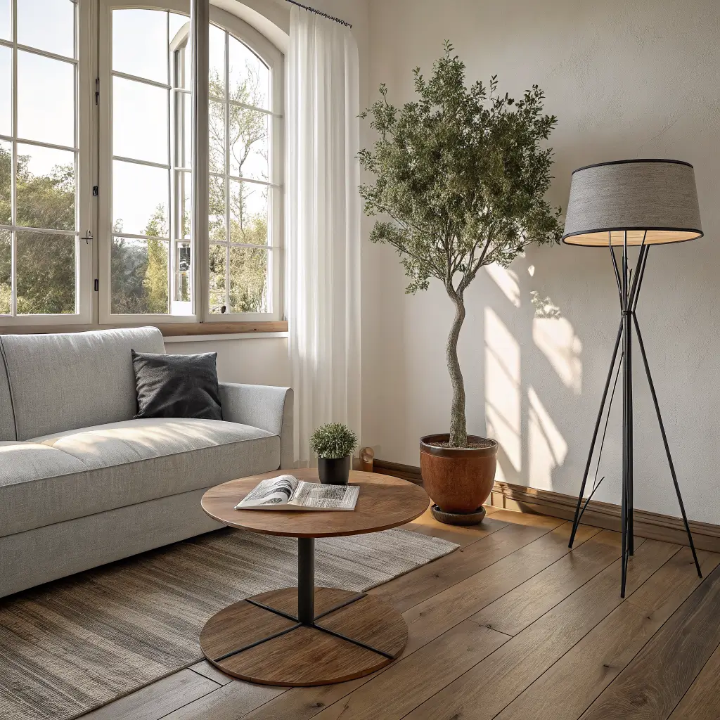 Photorealistic modern wabi-sabi living room with grey linen sofa, walnut round side table holding a small potted olive tree in terracotta, mid-century floor lamp, pale oak floors, and soft midday light from a large window.
