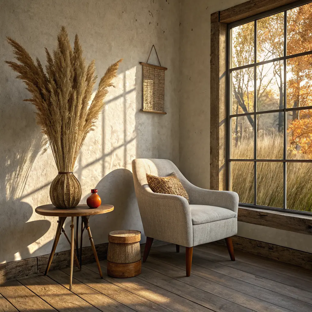 Autumn corner vignette with a live-edge walnut side table beside a rust linen armchair, holding a stoneware vase of dried grasses, a persimmon on a flax coaster, and a seed pod in warm late-afternoon light.