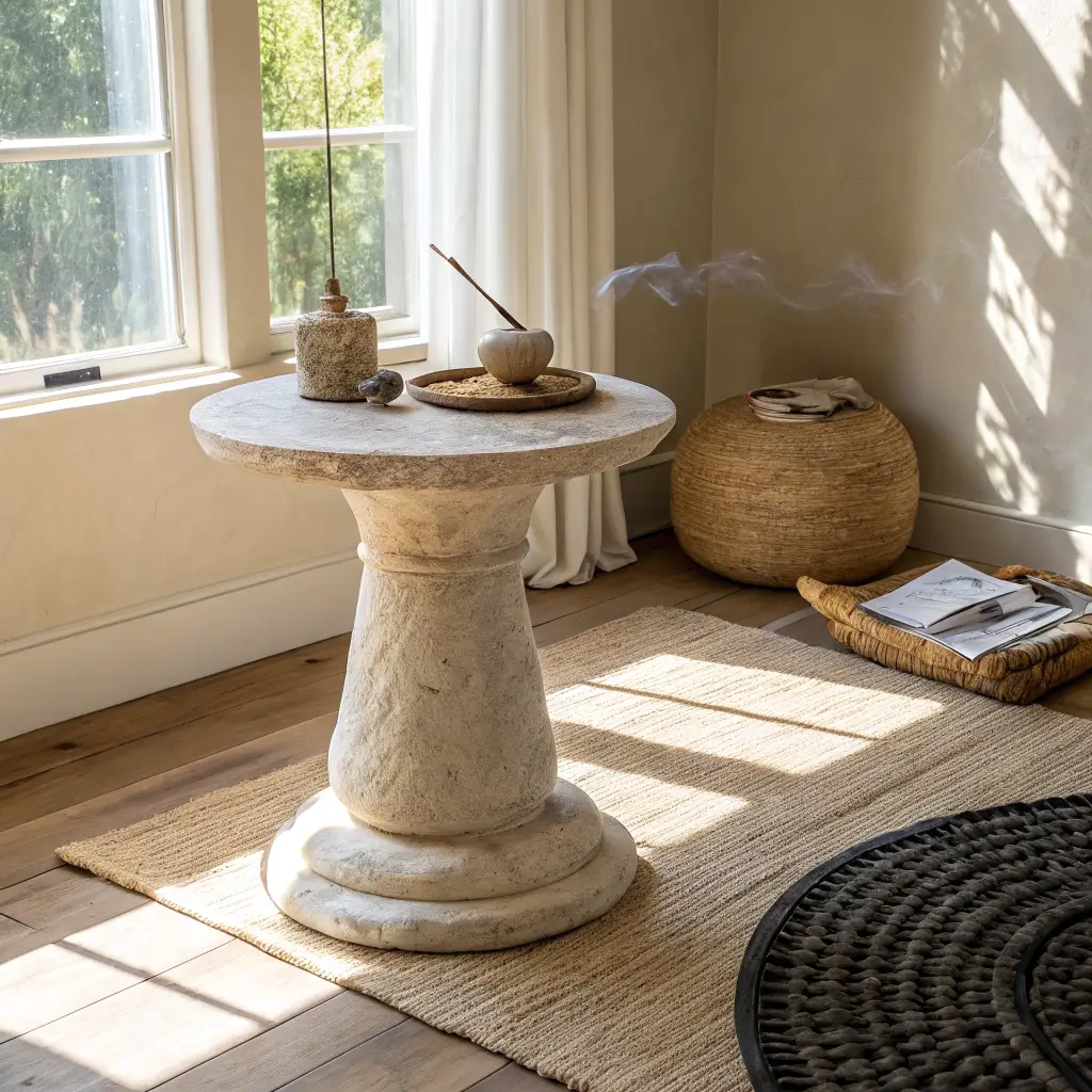 Photorealistic meditation room with pale limestone sculptural side table on flax mat, clay incense smoking, tatami cushion, soft morning light through low window.