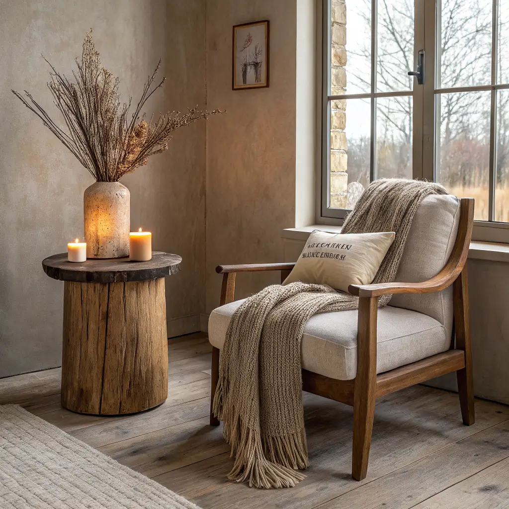 Photorealistic cozy corner with a burnt oak wabi-sabi side table beside an oatmeal wool chair, glowing beeswax candle and pine cutting on top, greige plaster walls and pale oak floors in soft winter light.