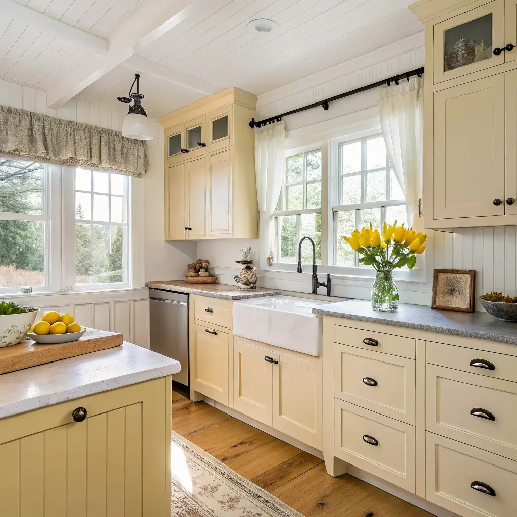 Sunlit cottage-modern kitchen with butter yellow cabinets, white uppers, oak floors, farmhouse sink, brass pulls, and white quartz counters with lemons and tulips.