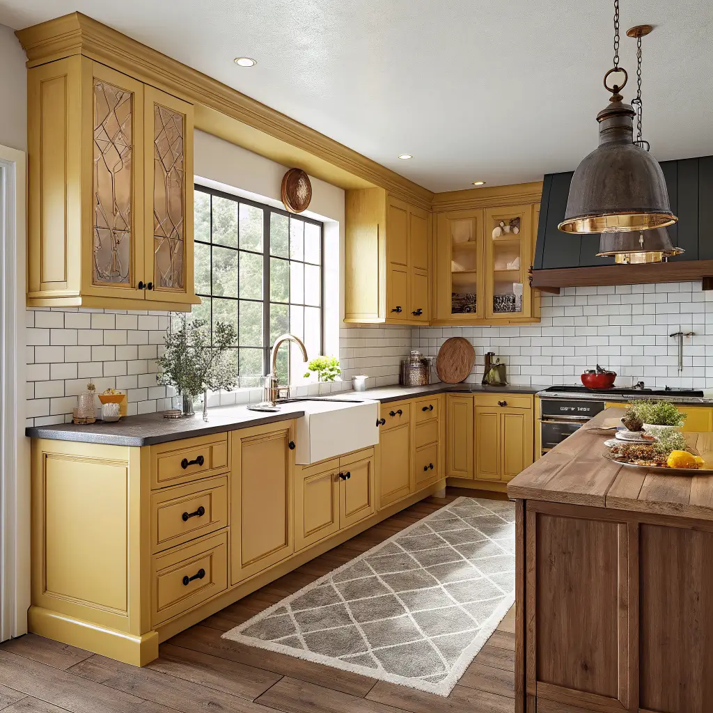 Low-angle midday view of a dopamine-decor kitchen with mustard yellow shaker cabinets, walnut butcher block counters, brass pulls and pendant, white zellige backsplash, and oak floors lit by daylight through a large steel window.