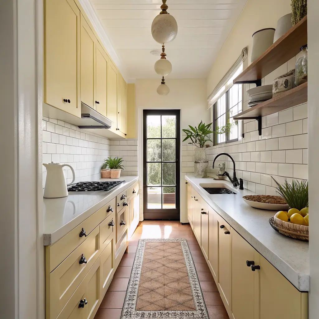 Photorealistic narrow galley kitchen with pale lemon cabinets, white quartz counters, black pulls and pendant, subway tile backsplash, terracotta floor with jute runner, styled with pitcher, green apples, and striped towel in warm golden-hour light.