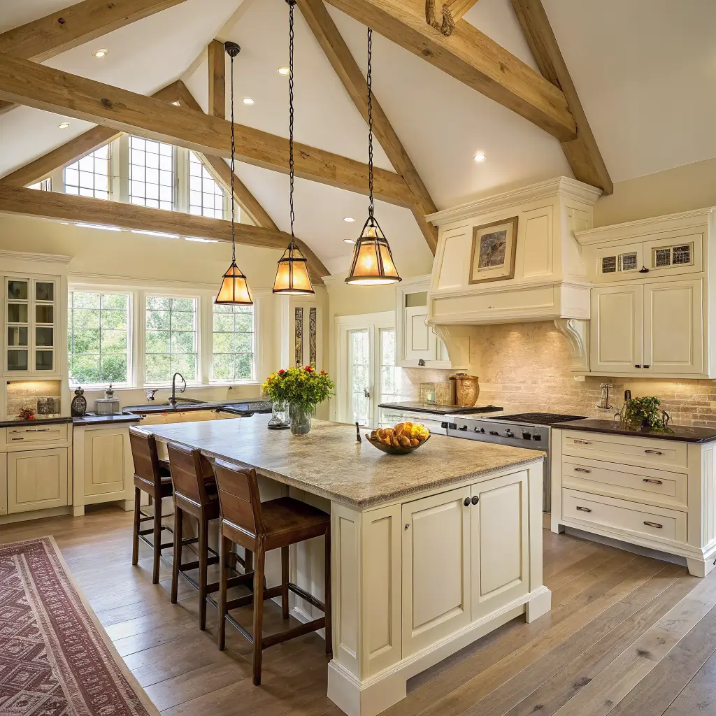 Sunlit vaulted-ceiling kitchen with white oak beams, saffron-gold island with black soapstone top, brass pendants, caned stools, and cream cabinetry.