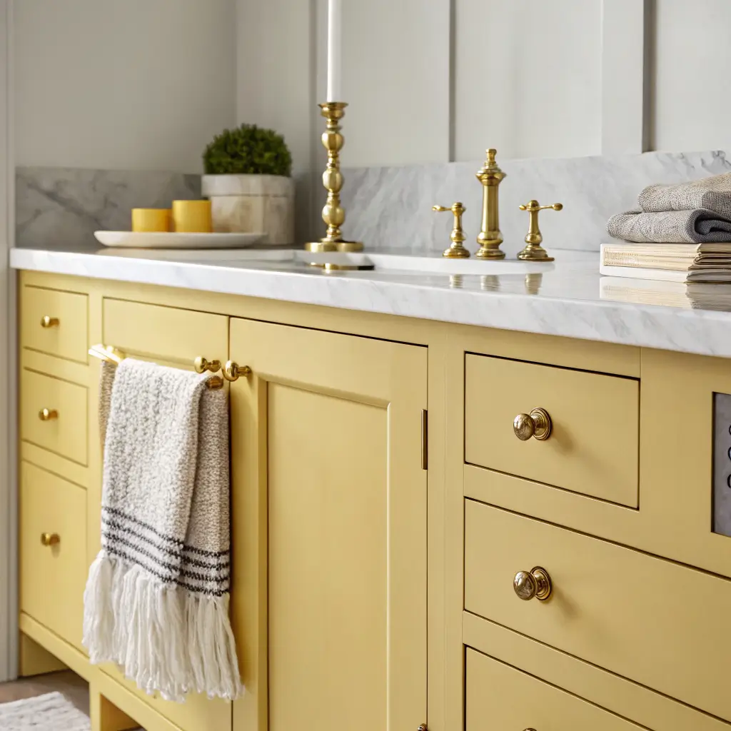 Close-up of butter yellow shaker cabinets with patinated brass pulls, white marble counter, pale gray zellige backsplash, and a ledge with a brass candlestick and striped linen towel in soft window light.