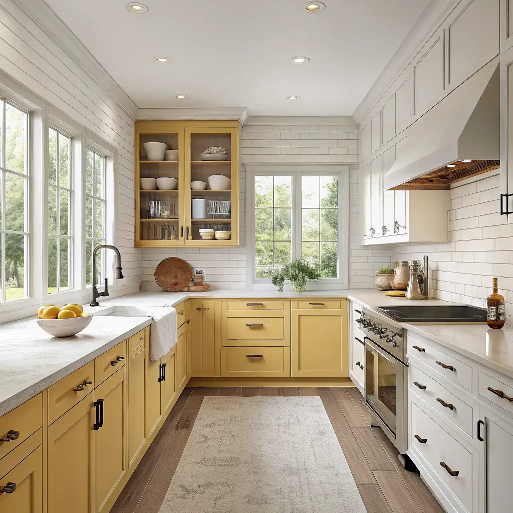 Photorealistic two-tone kitchen with butter yellow lower cabinets, warm white uppers and oak open shelves, white quartz and subway tile, brass pulls, south-facing morning light, lemons and linen runner on counter.