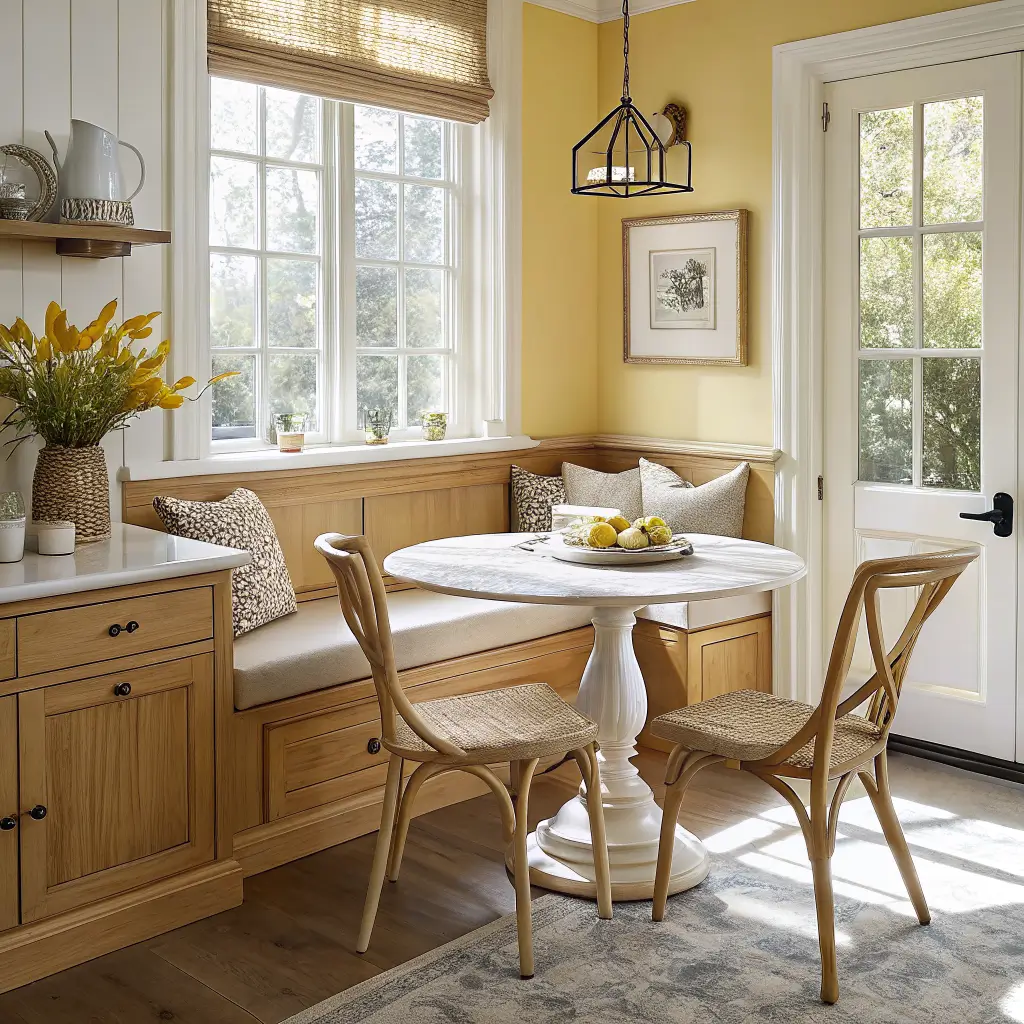 Sunlit breakfast nook beside a yellow kitchen with an oak banquette, marble pedestal table, cane bistro chairs, and tulips by a softly curtained window.