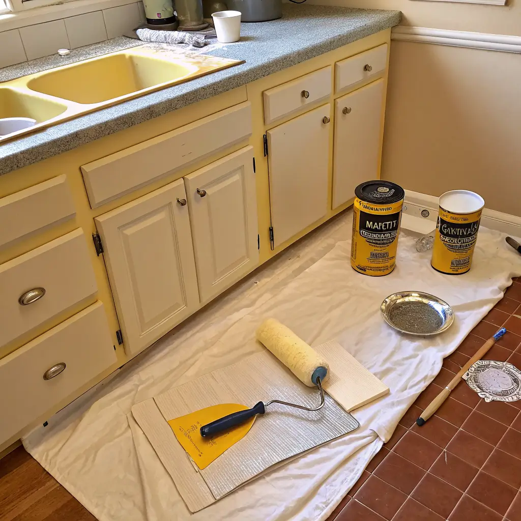 DIY kitchen cabinet repainting in progress: butter-yellow cabinet door on drop cloth with roller, brush, tape, primer and sample pots, half the lower cabinets painted yellow and half still cream, brass pulls ready on the counter in bright midday skylight.
