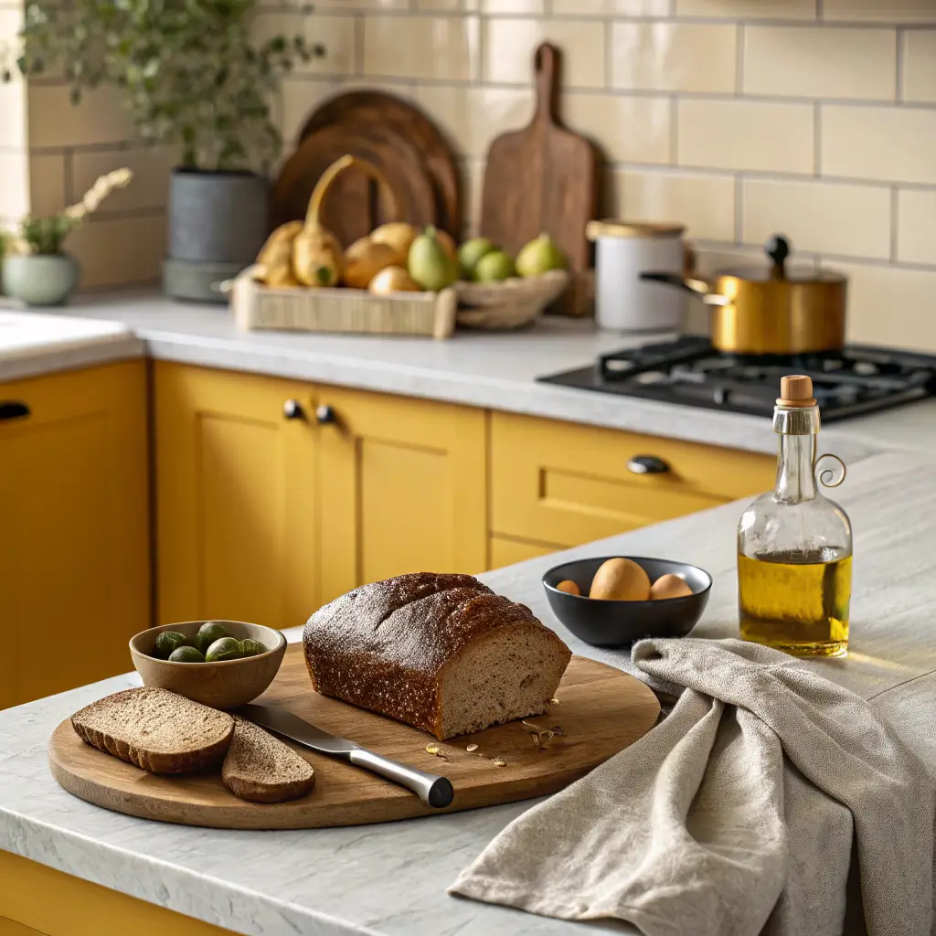 Low-angle golden-hour still life on a black soapstone counter with a walnut board holding crusty bread, an amber olive oil bottle, and brass bowl of pears, with mustard yellow cabinets softly blurred behind.