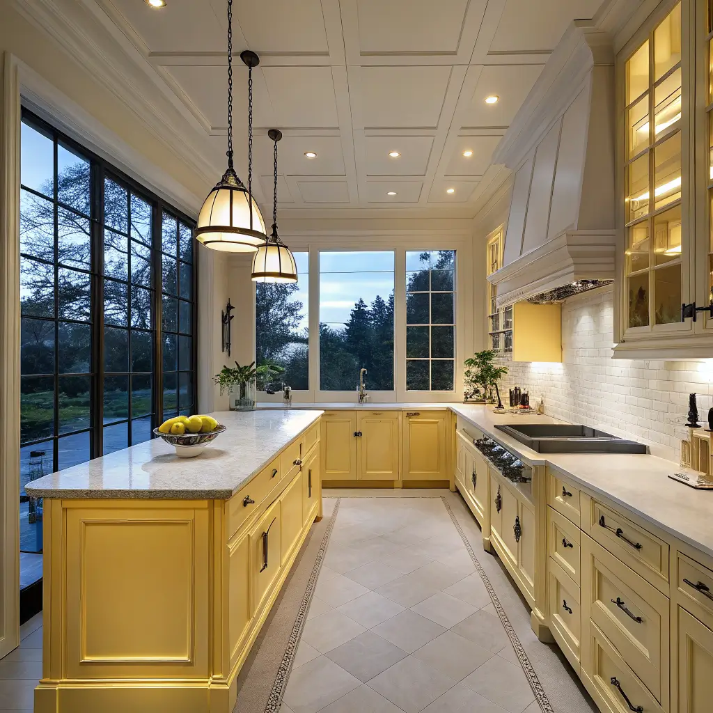 Symmetrical wide shot of a butter-yellow and white kitchen at dusk, with brass dome pendants over a marble island and a large picture window showing blue-hour light.