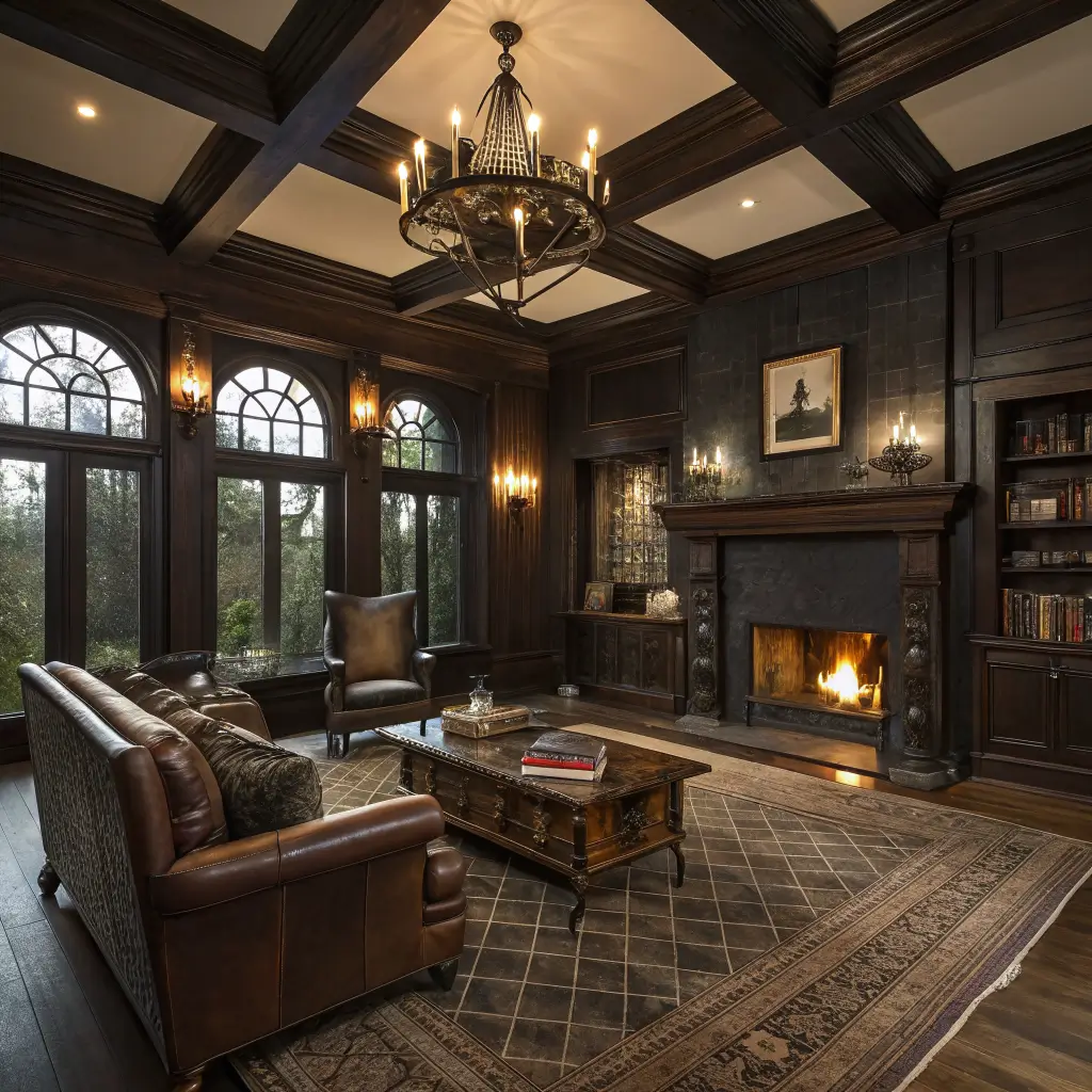 Western Gothic living room at dusk with charcoal-black walls, exposed walnut beams, reclaimed oak floors, worn brown Chesterfield chair, cowhide rug, amber iron chandelier, and saloon-style decor in moody warm light.