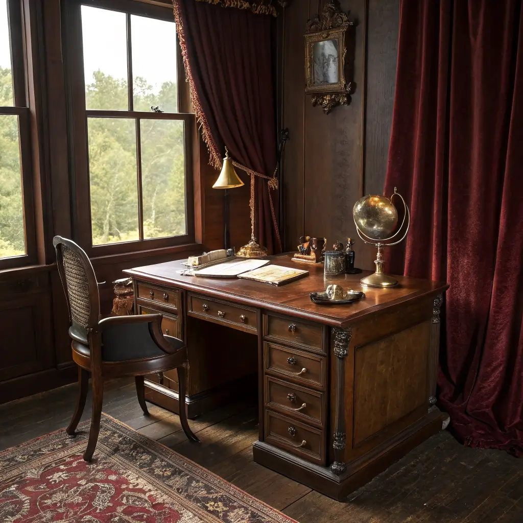 Western Gothic study vignette with walnut desk, banker’s lamp, ledger, pocket watch and candlesticks, oxblood curtains, leather club chair, and warm candlelit late-afternoon light.