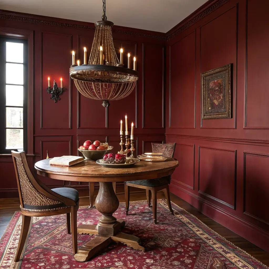Moody oxblood dining nook with deep red matte walls, round walnut table with candelabra and dried pomegranates, mismatched leather chairs, wrought-iron chandelier, and cowhide rug in candlelit warmth.
