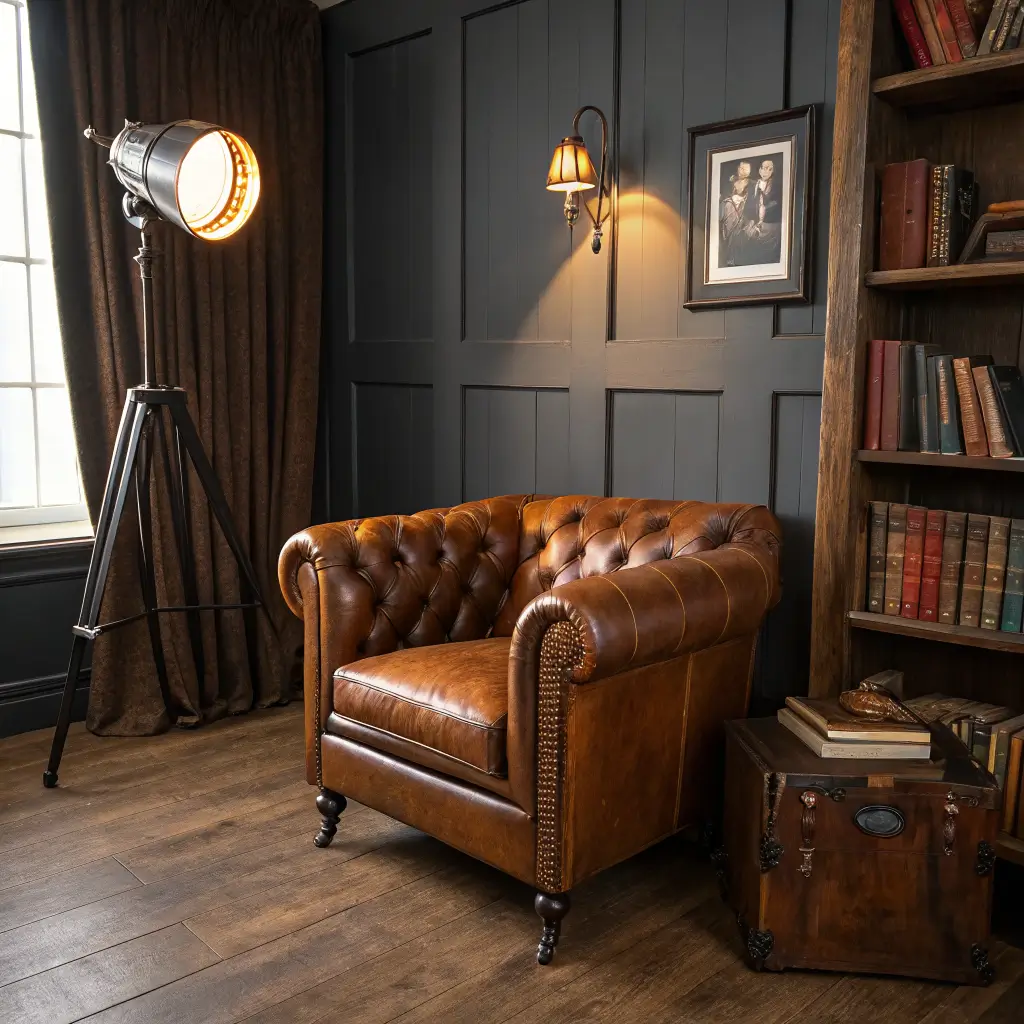 Cracked saddle-brown 1970s leather Chesterfield chair in a moody charcoal-walled parlor at golden hour, with walnut side table, brass lamp, books, and cowhide rug.
