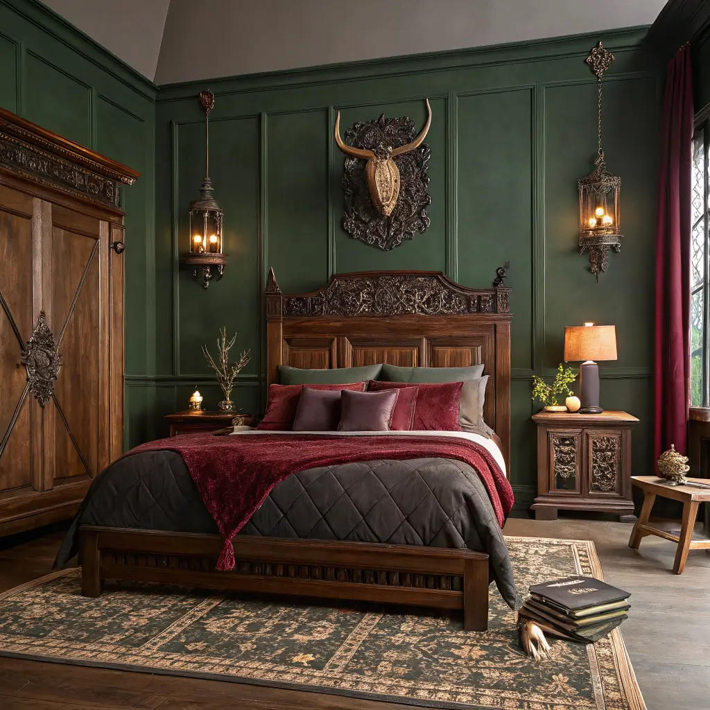 Photorealistic Western Gothic vintage bedroom with forest green walls, ornate walnut bed, charcoal linens and serape, cowhide rug, candlesticks and tarot on nightstand, longhorn skull, San Pedro cactus, and warm candlelit sconces.