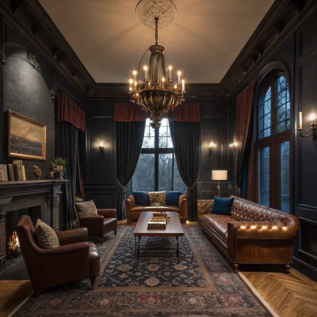 Blue-hour Western Gothic living room with charcoal walls, velvet curtains, leather club chairs and oxblood settee around a walnut coffee table on a cowhide rug, lit by warm chandelier and lamps.