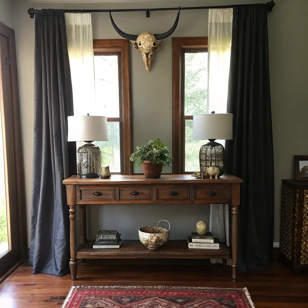 Moody entry alcove with thrifted walnut console on a charcoal wall, faux longhorn skull, taper candles, vintage Western photo, old books and curios, cowhide rug, and warm iron sconce in soft morning light.