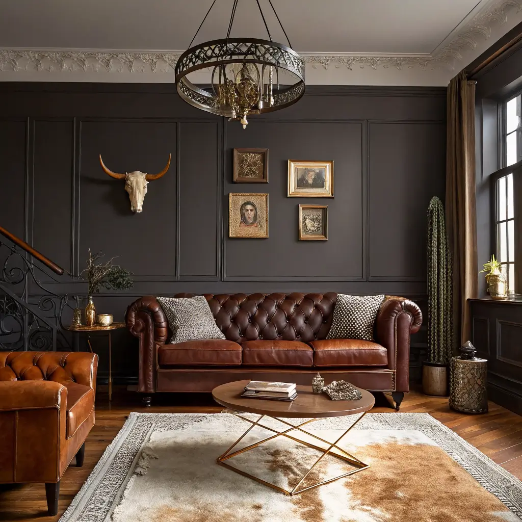 Moody charcoal-walled living room with walnut floors, cowhide rug, saddle-brown leather sofa with two velvet pillows, a centered longhorn skull, minimal coffee table vignette, and a single gilded framed sepia landscape under warm iron chandelier light.