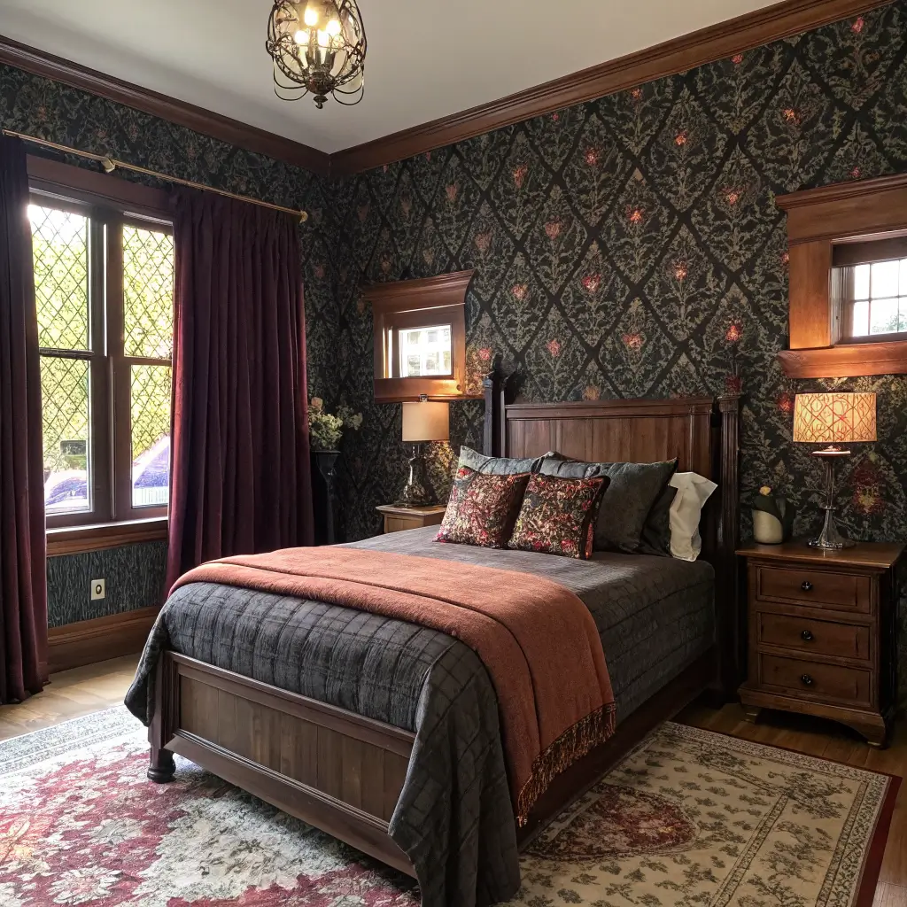 Small Western Gothic rental bedroom with William Morris tapestry behind walnut headboard, dark linen curtains, plum botanical wallpaper, wool-and-velvet bedding, cowhide rug, and warm amber lighting.