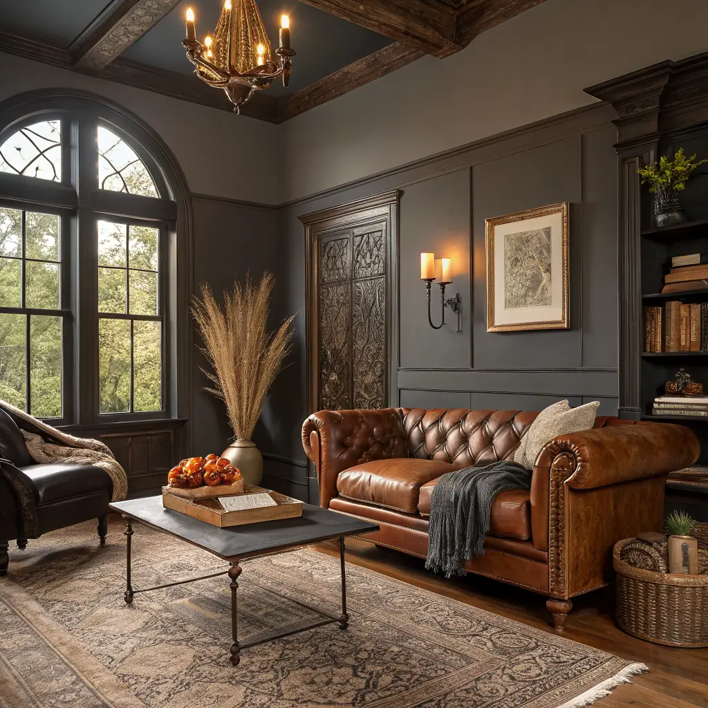 Fall-season Western Gothic living room at twilight with charcoal walls, leather Chesterfield chair and autumn throw, candlelit walnut coffee table, dried grasses in black vessel, cowhide rug, longhorn skull and sepia Western art under warm iron chandelier.