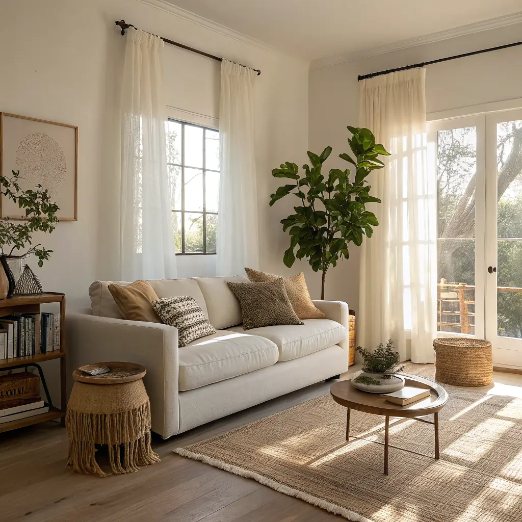Golden-hour minimalist living room with oatmeal linen sofa, warm walnut coffee table, sand wool rug, olive tree in concrete planter, and sunlight through sheer curtains on white oak floors.
