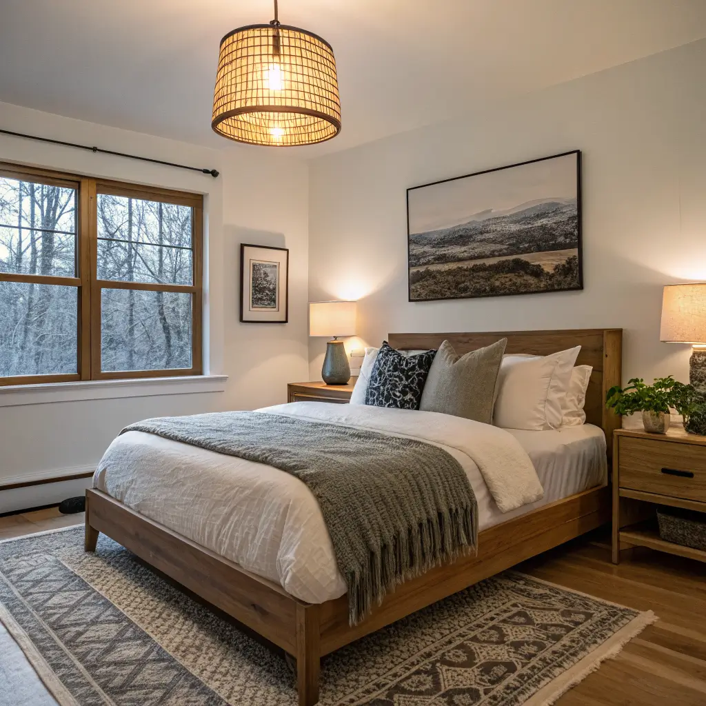Cozy warm-minimalist bedroom at blue hour with oak bed, cream and greige linen bedding, olive wool throw, brass lamp glow, jute rug, and black-and-white landscape photo above headboard.