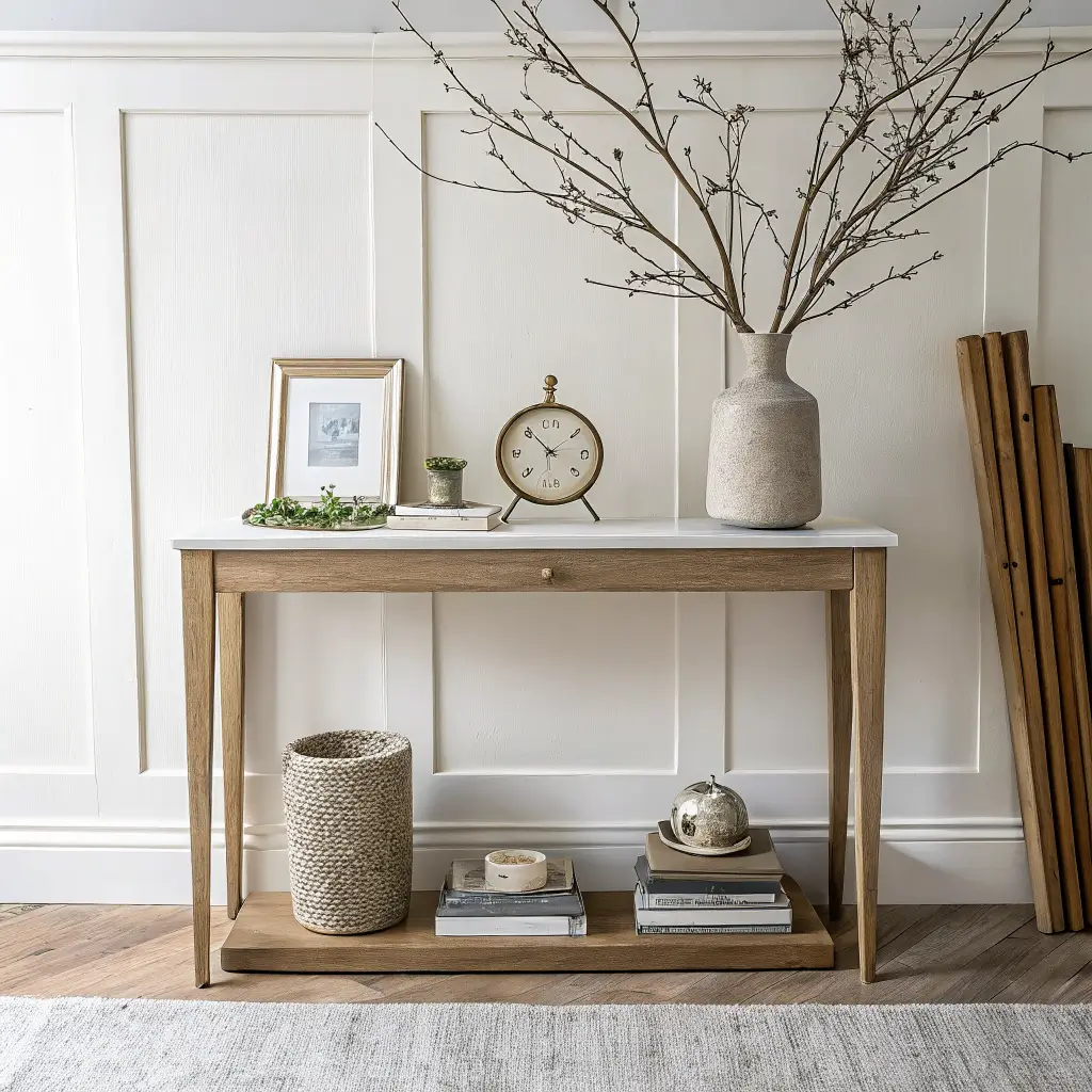 Overhead flat-lay of a warm minimalist entryway console with oak table, stoneware vase and branch, brass clock, stacked vintage books, marble tray, and framed travel photo.