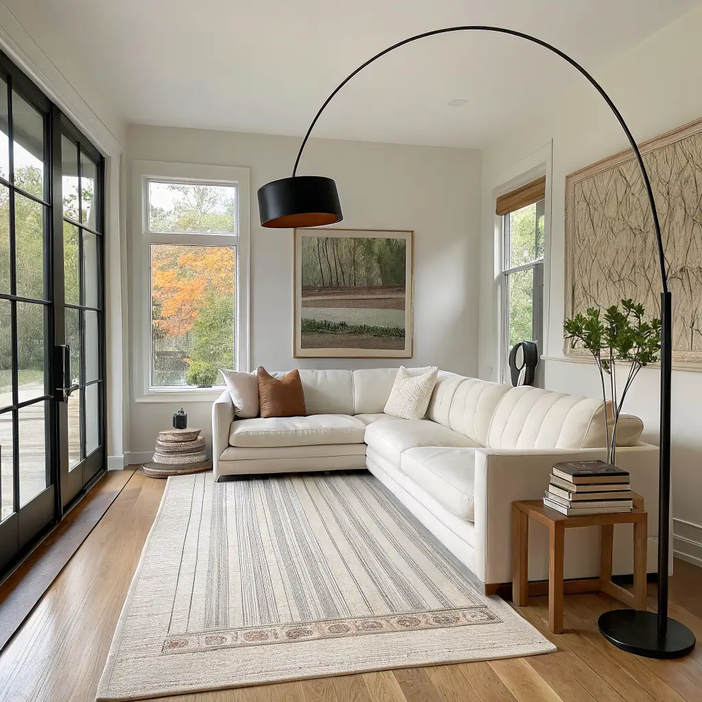 Wide-angle photo of a calm modern living room with a warm white linen sofa, sand wool rug, ash coffee table, abstract earth-tone canvas, and a matte black arc floor lamp on white oak floors.