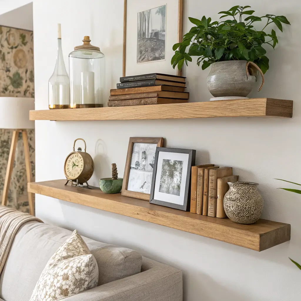 Styled floating white oak shelf with sepia photo, ceramic vessel, brass clock, linen books, and trailing pothos against a warm white wall in soft lamplight.